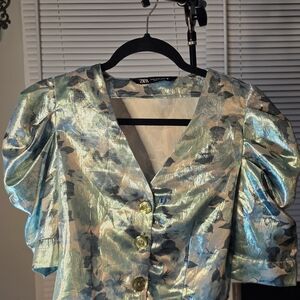 Zara Shimmering Blue and Silver Floral Blouse